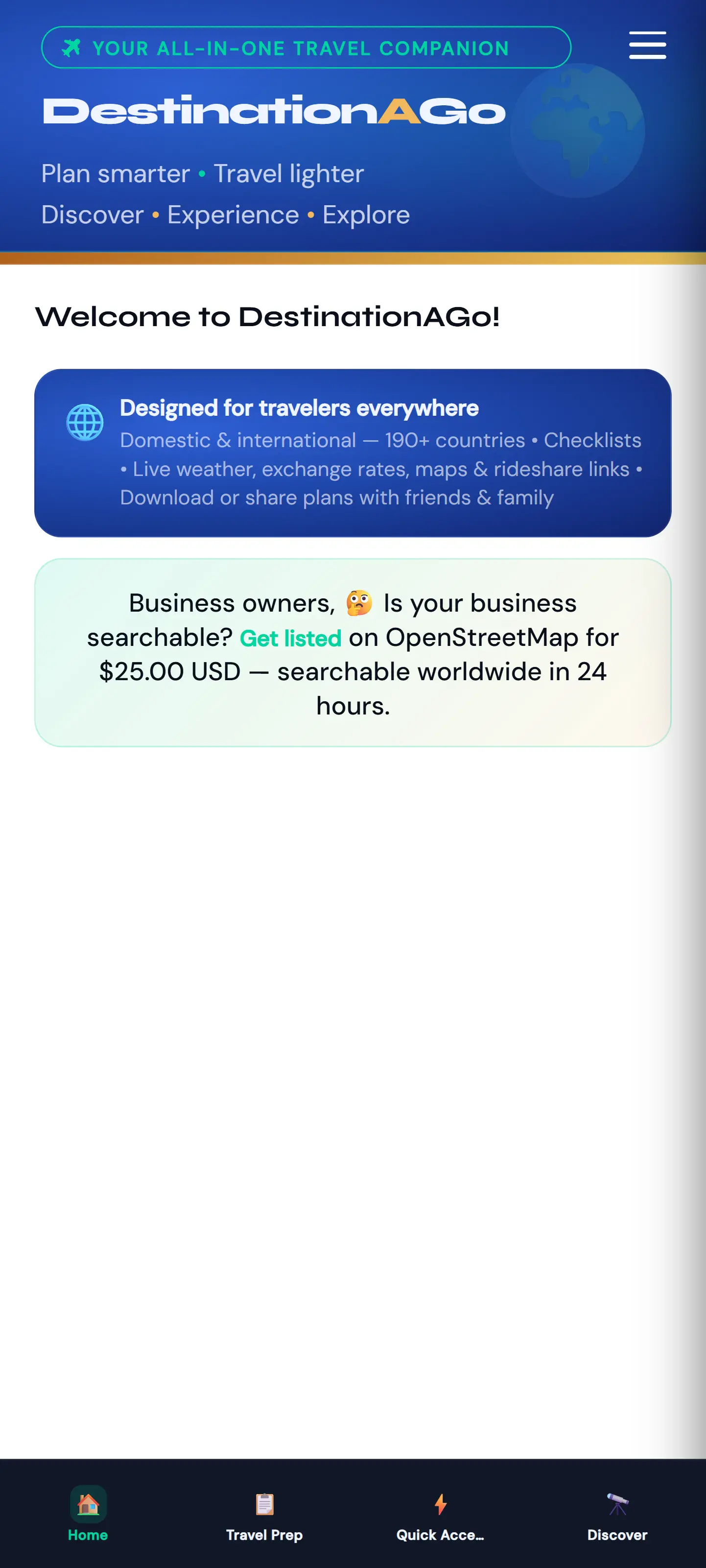 DestinationAGo Home screen